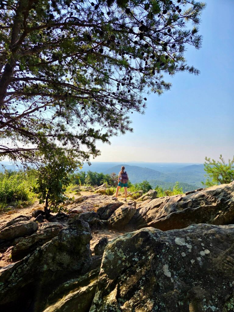 Rock outcroppings and mountain ridges surround a hiker on top of Pine Mountain
