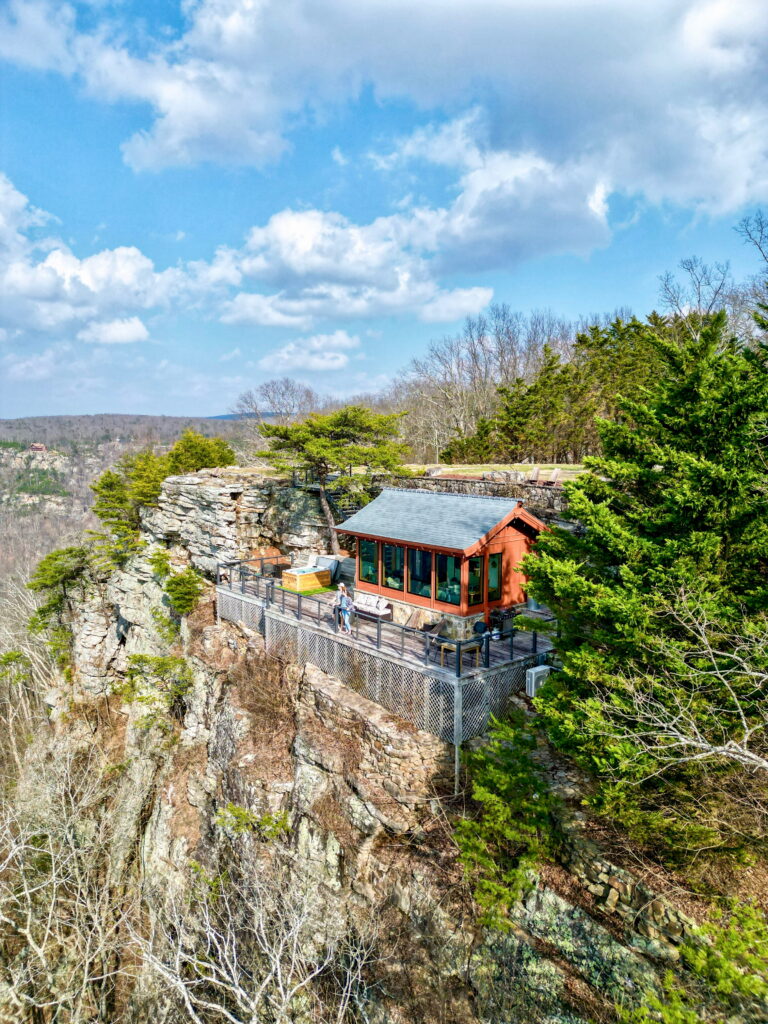 a Japanese inspired teahouse sits on an exposed cliff on lookout mountain